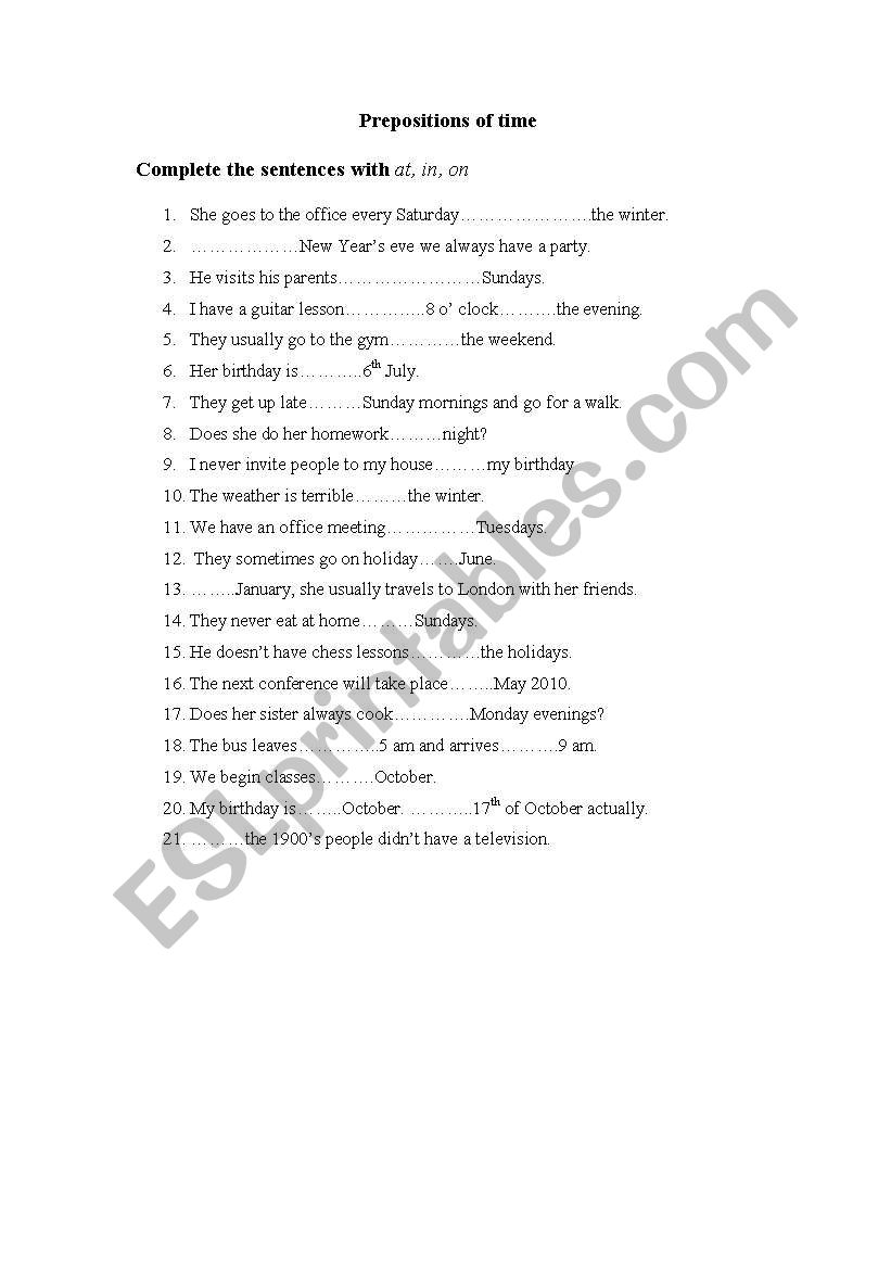 prepositions of time worksheet