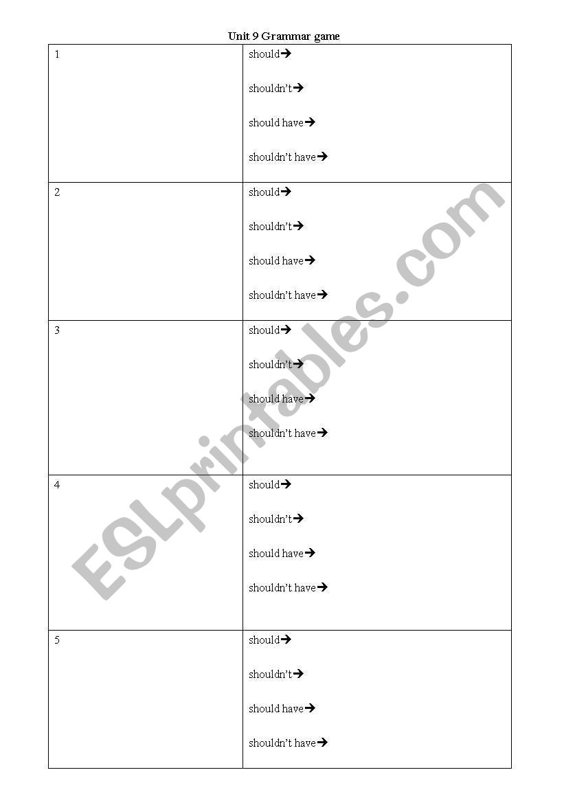 the should/should have game worksheet