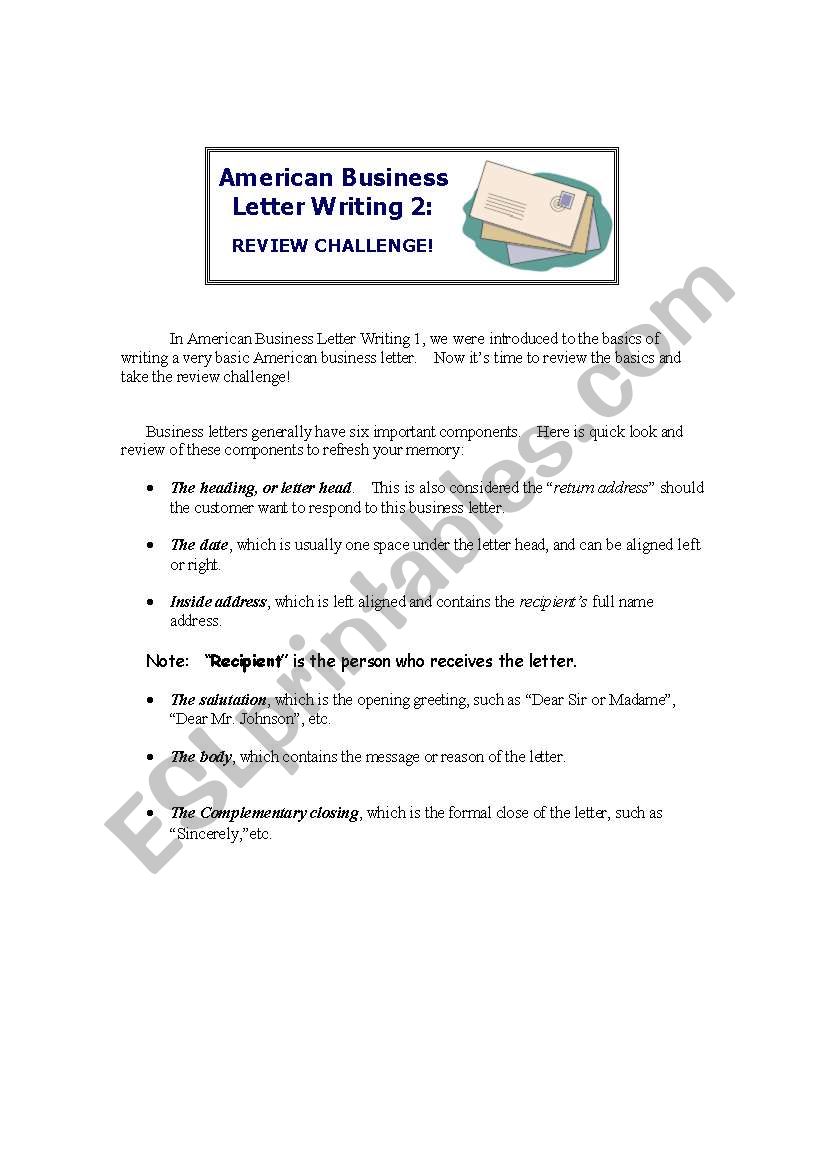 American Business Letter Writing 2:  Review Challenge!