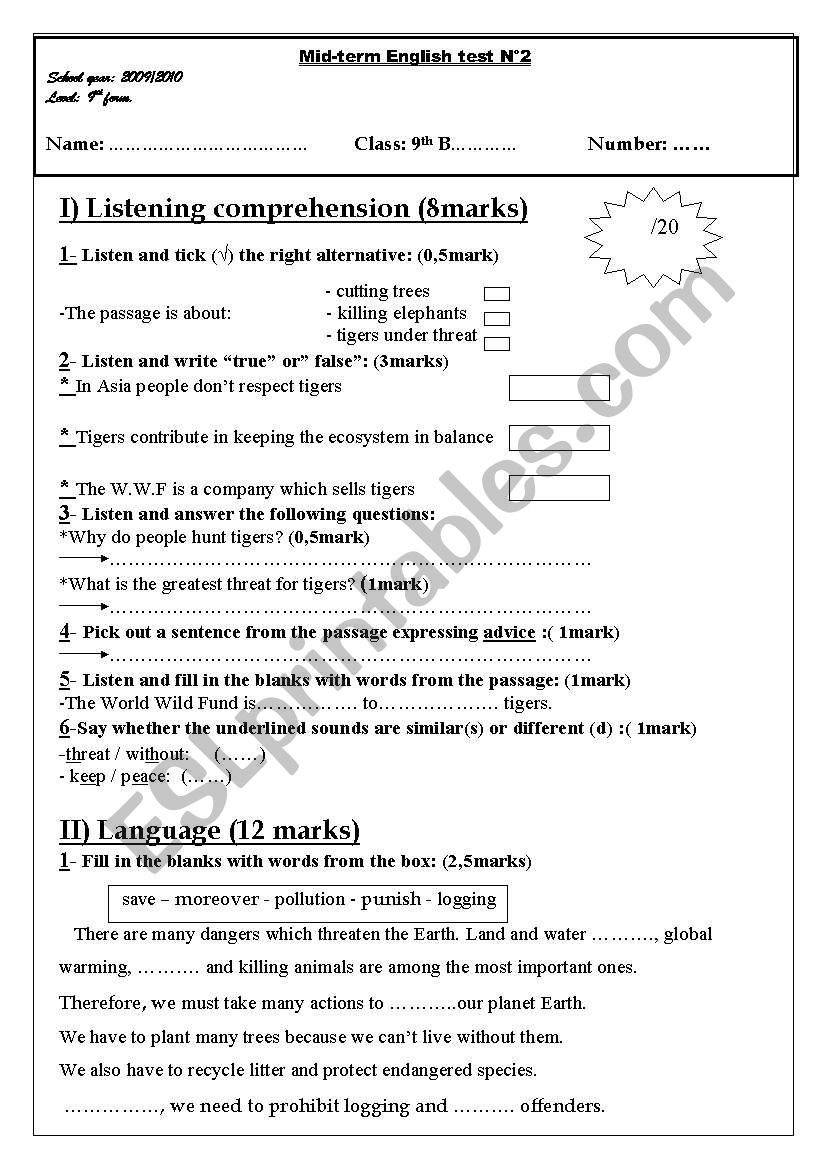 9 th year mid term test n 2 worksheet