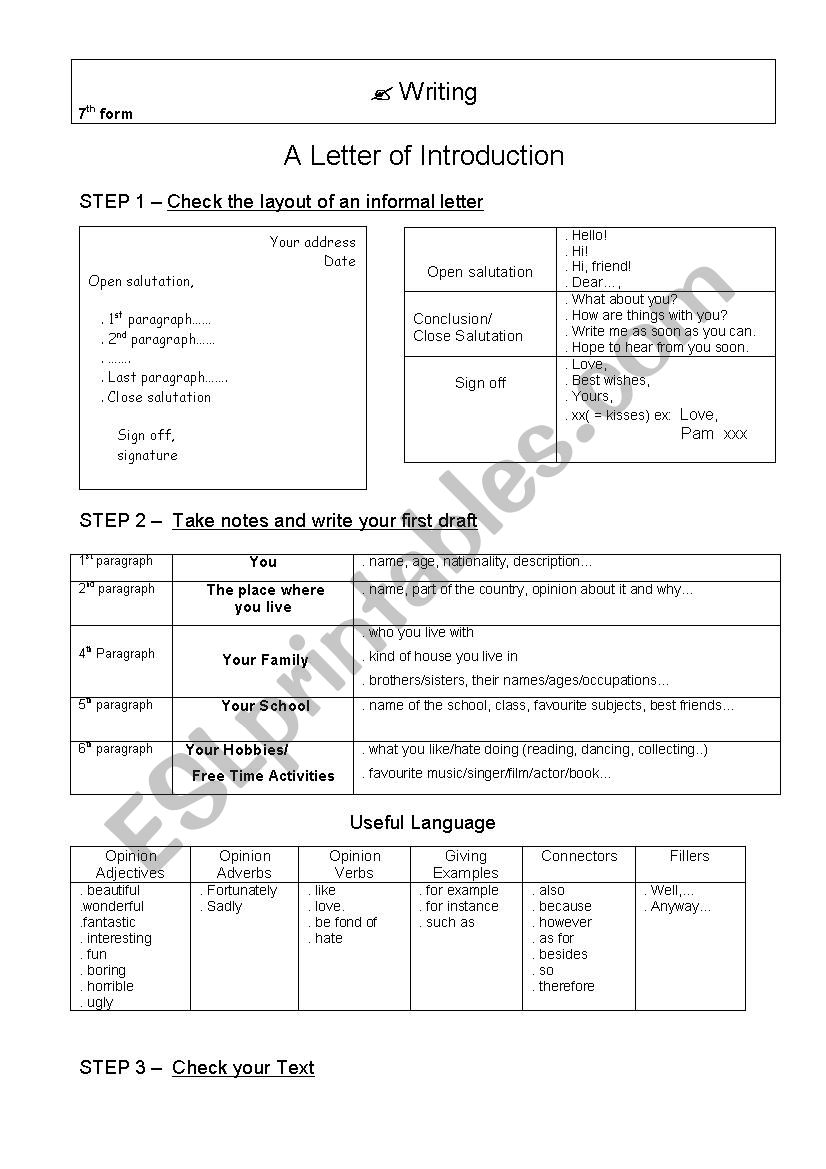 letter of introduction worksheet