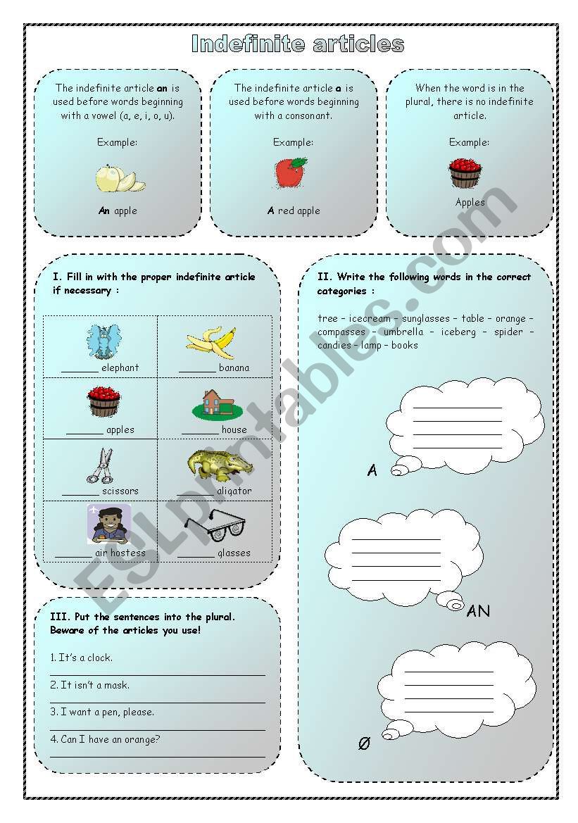 Indefinite articles worksheet