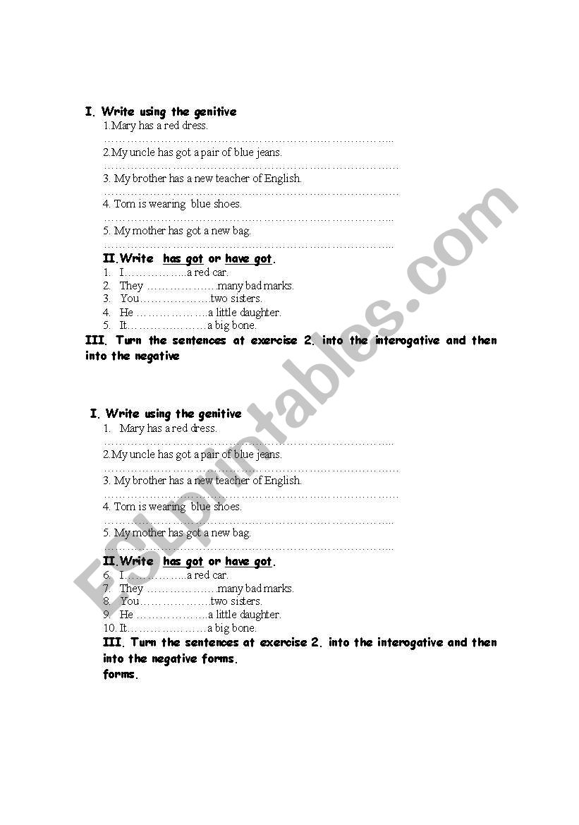 has got and the genitive worksheet