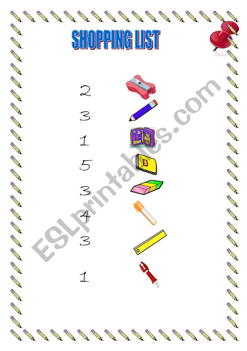 shopping list school supplies worksheet