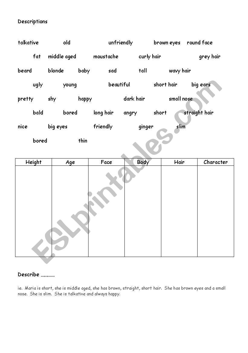 Physical Appearance worksheet