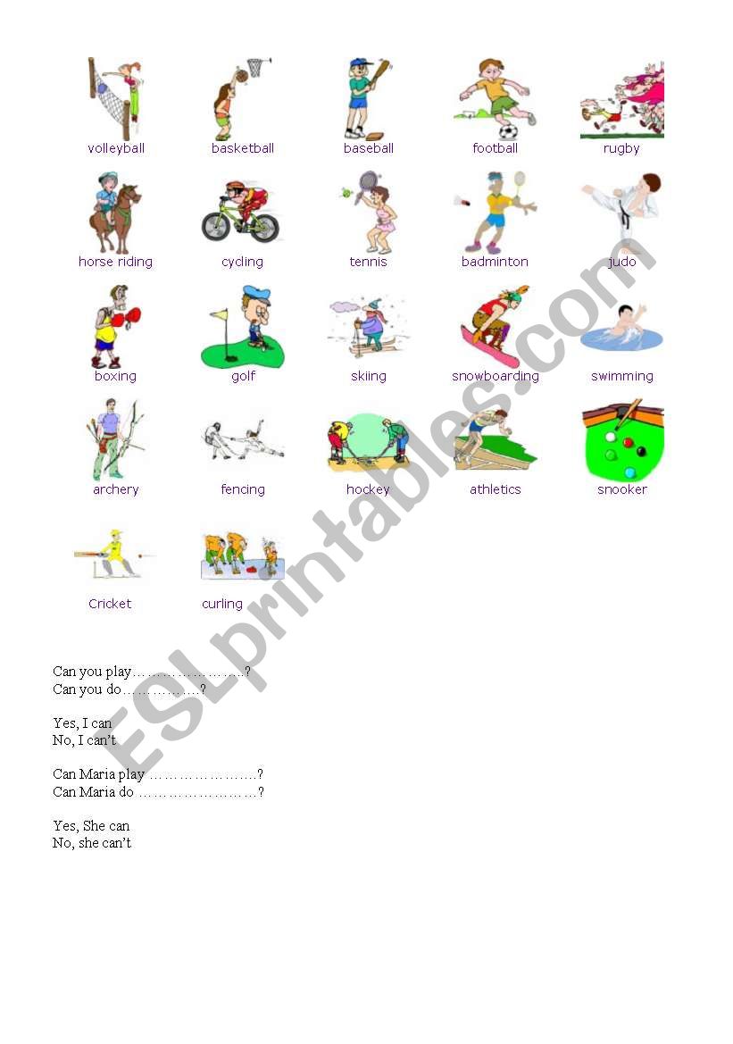 Can and Cannot play sports worksheet