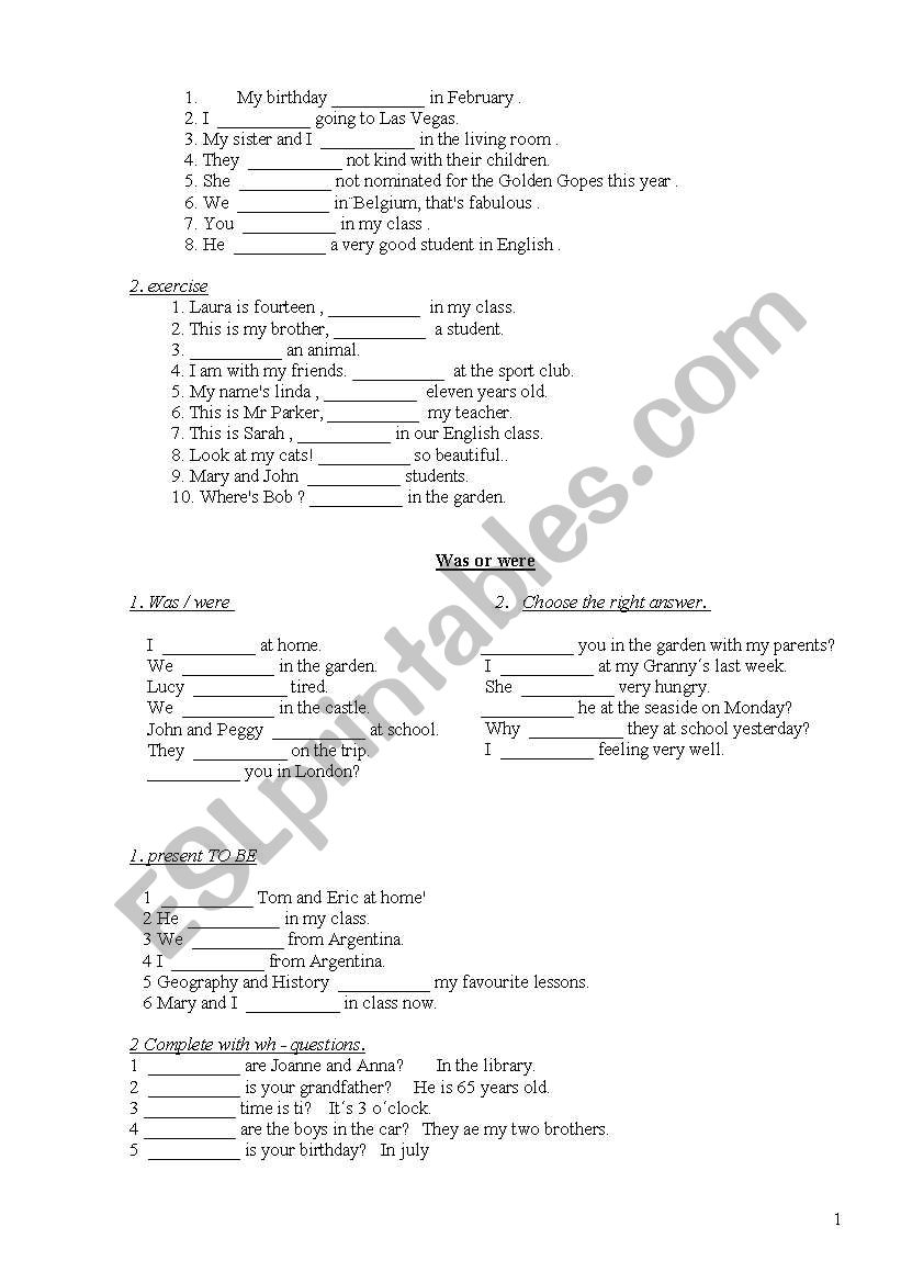 to be, was/were/ am/ is/ are worksheet