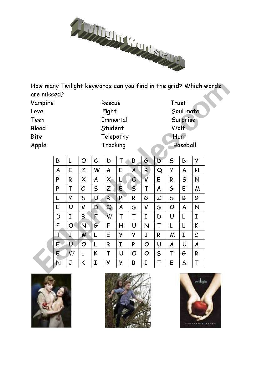 Twilight wordsearch worksheet