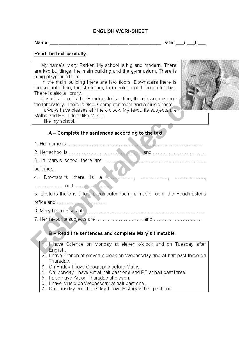 Mary Parkers school worksheet