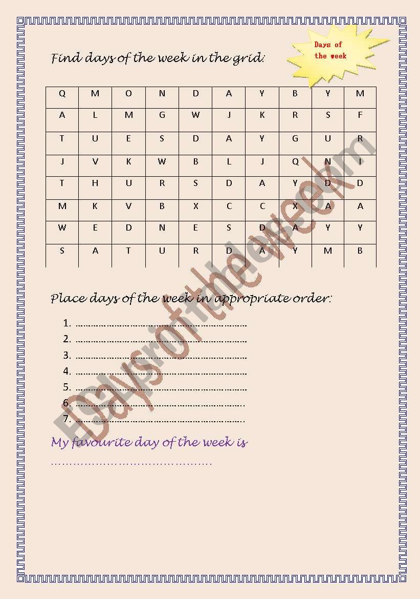 Days of the week. worksheet