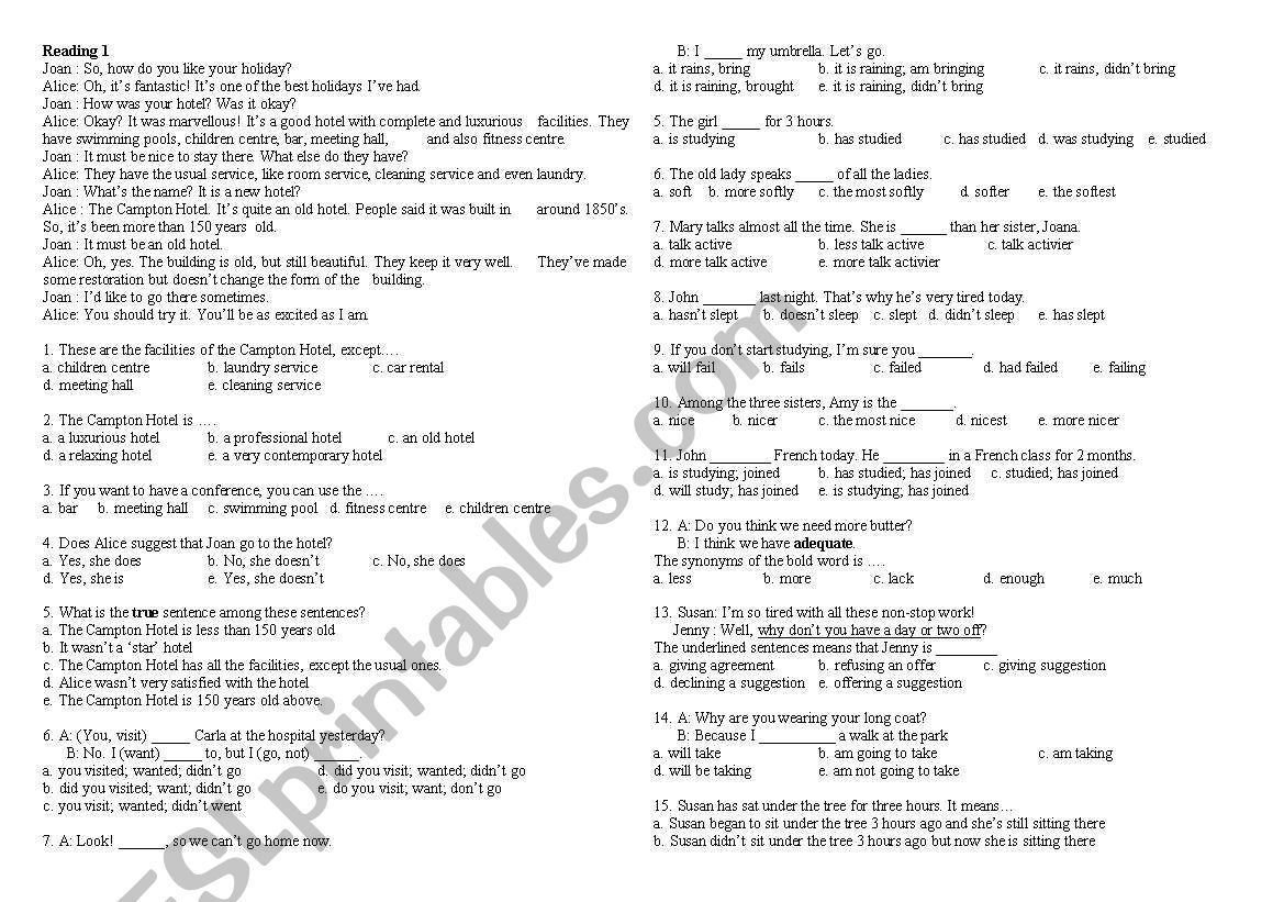 Test for 10th grader worksheet