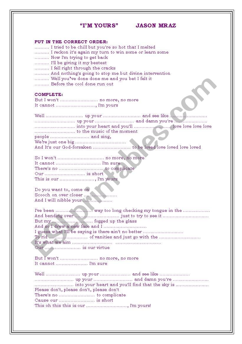 Im yours Jason Mraz worksheet