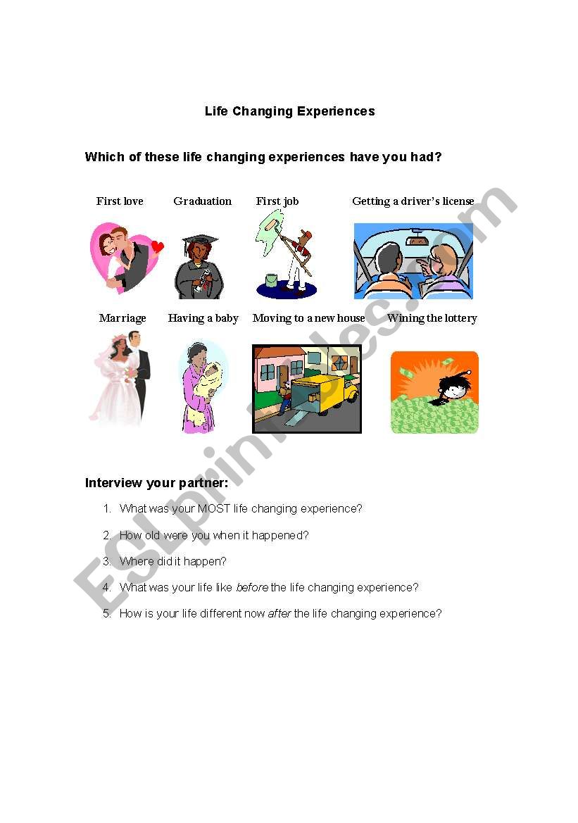 Life Changing Experiences worksheet