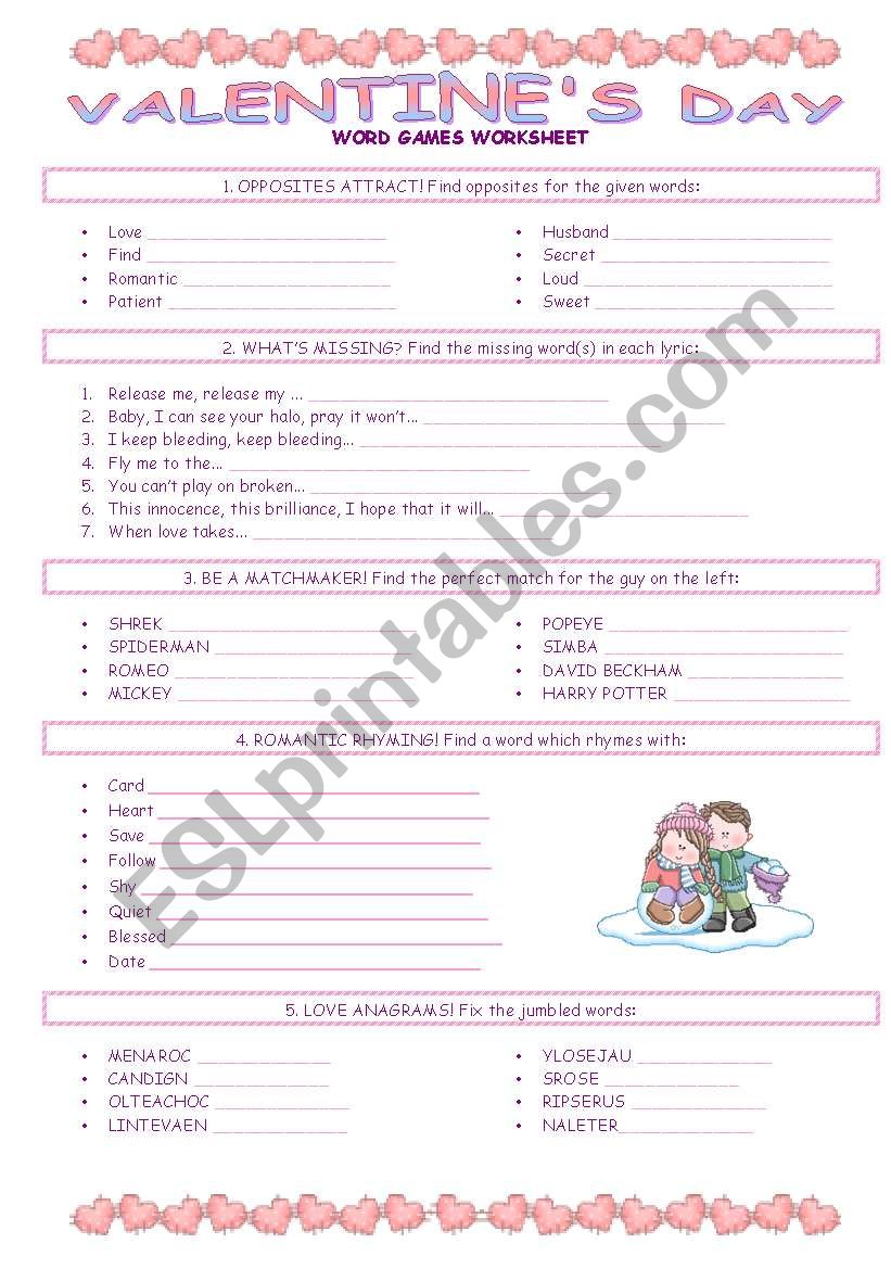 VALENTINES DAY - word games worksheet