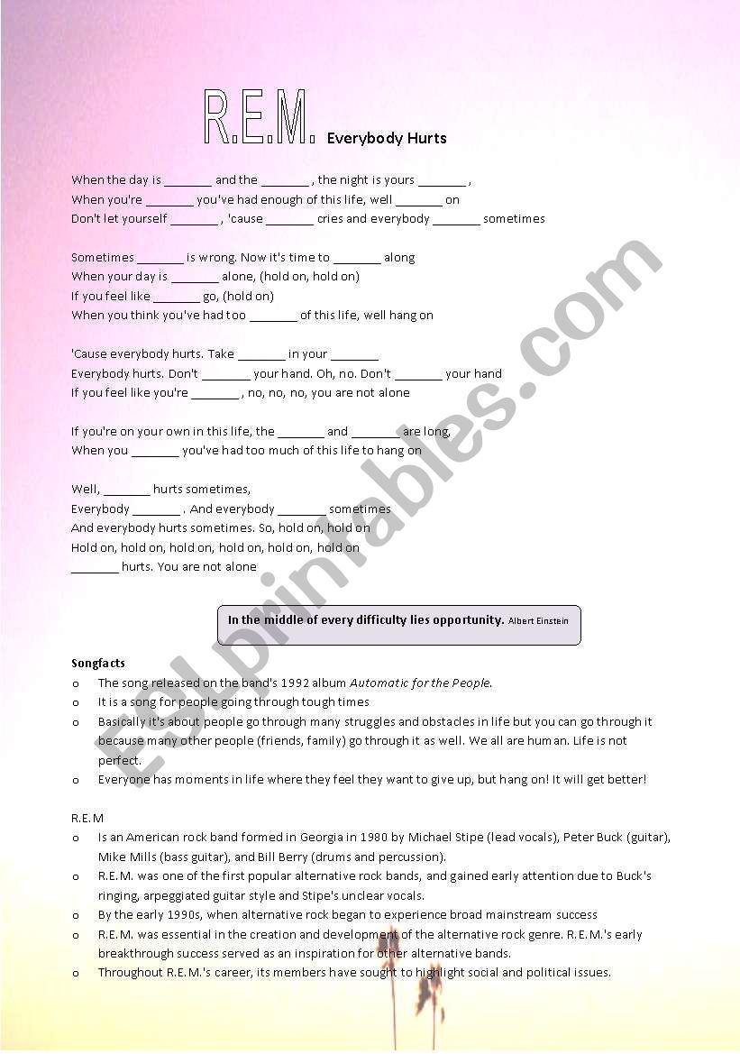 R.E.M. - Everybody Hurts worksheet