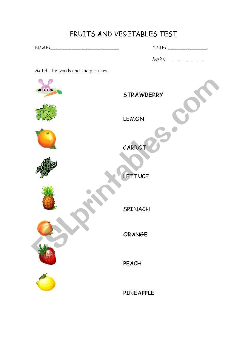 Fruits and vegetables test worksheet