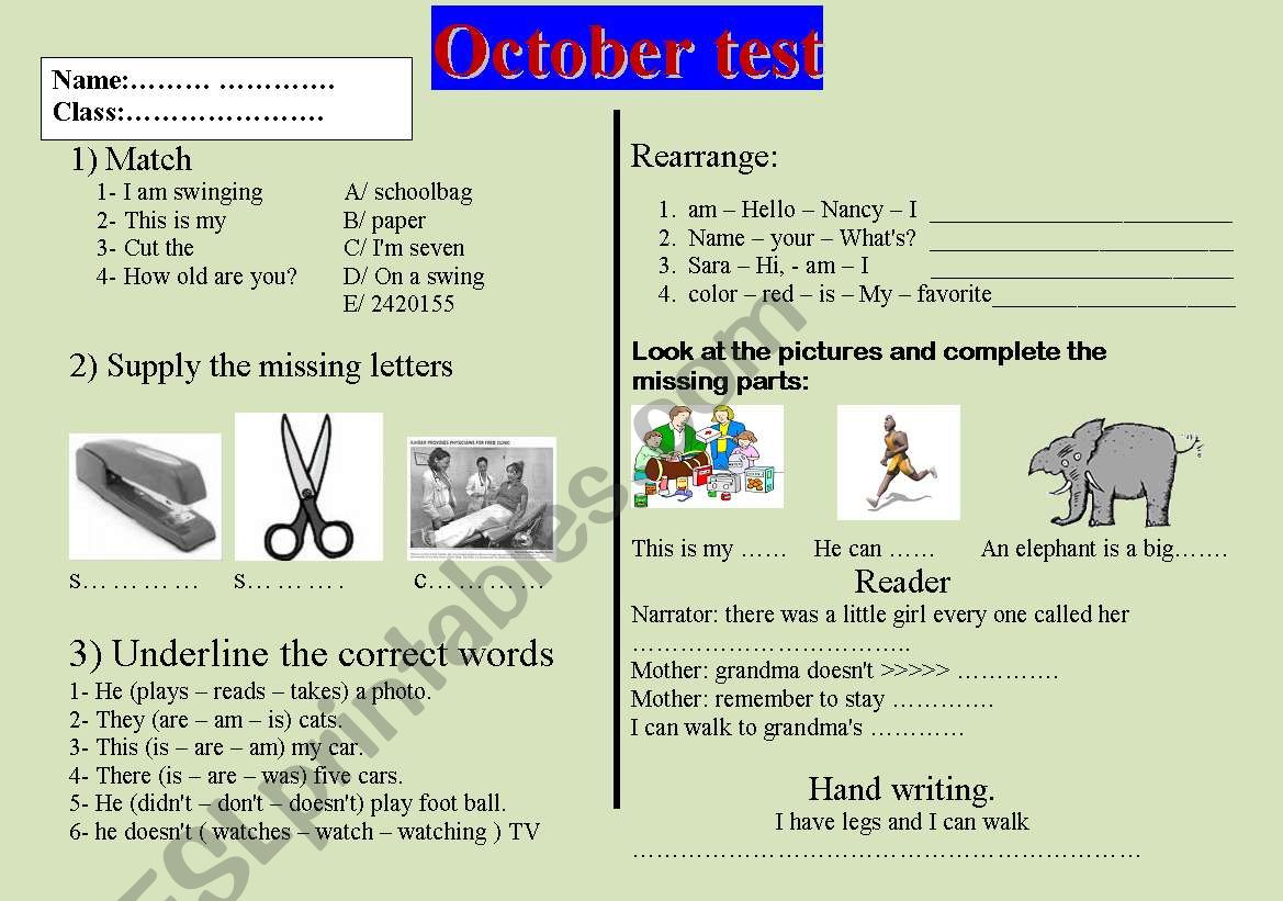 test for primary one worksheet