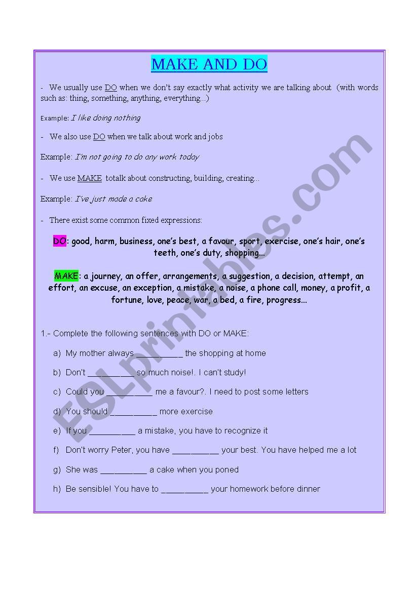 MAKE AND DO worksheet