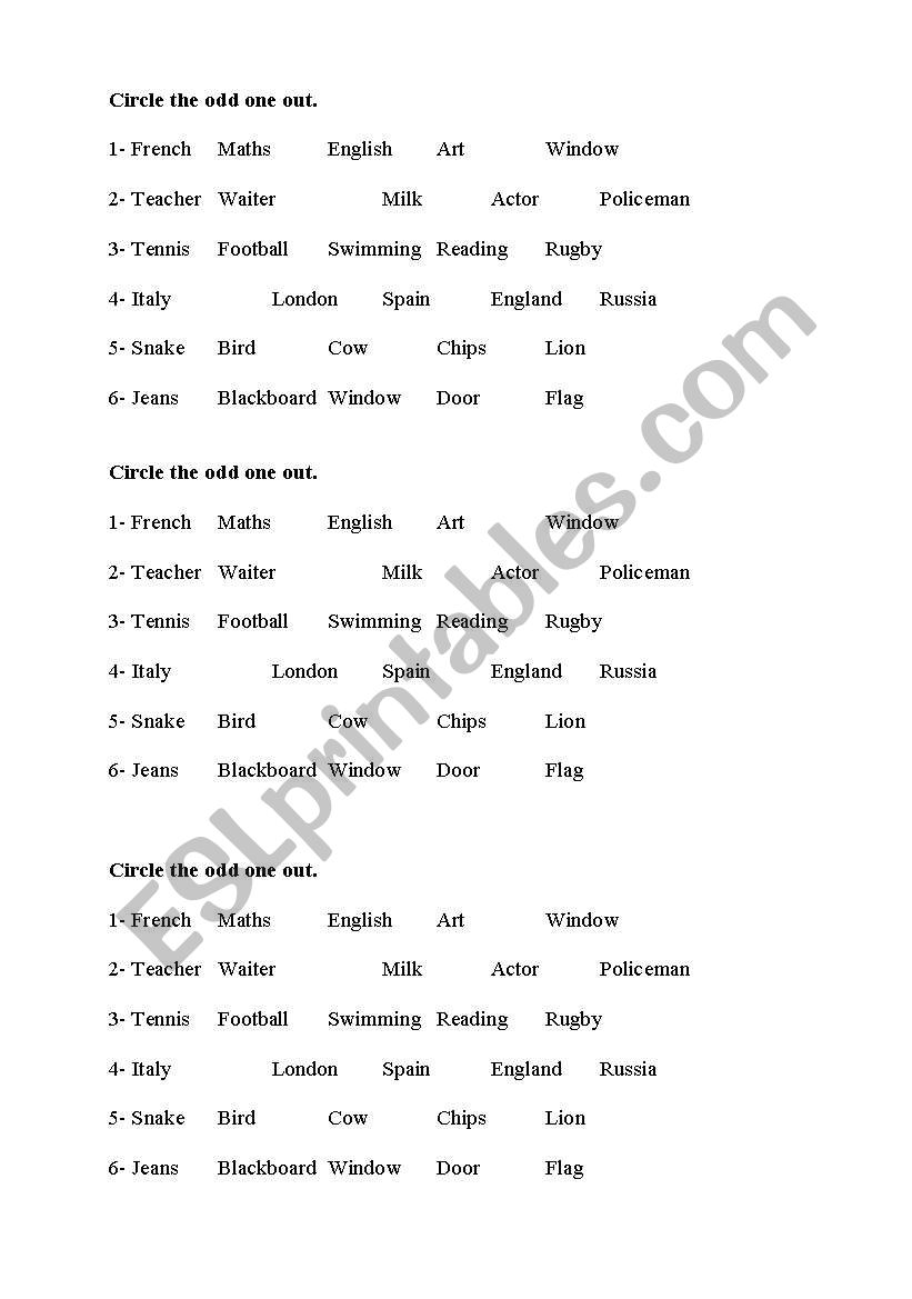 The odd one out worksheet