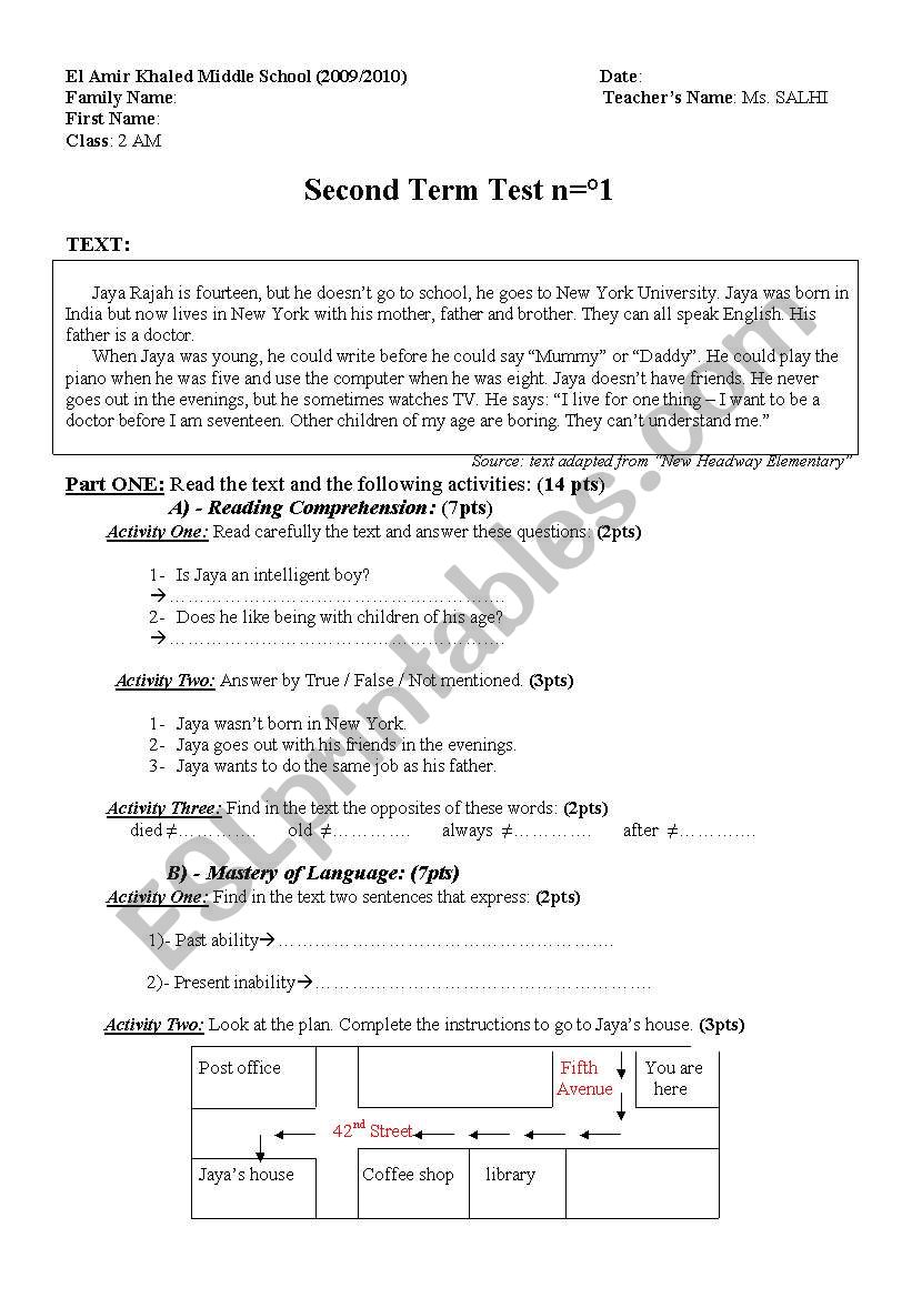 Second term, test n=1 (Level 2 - Middle School)