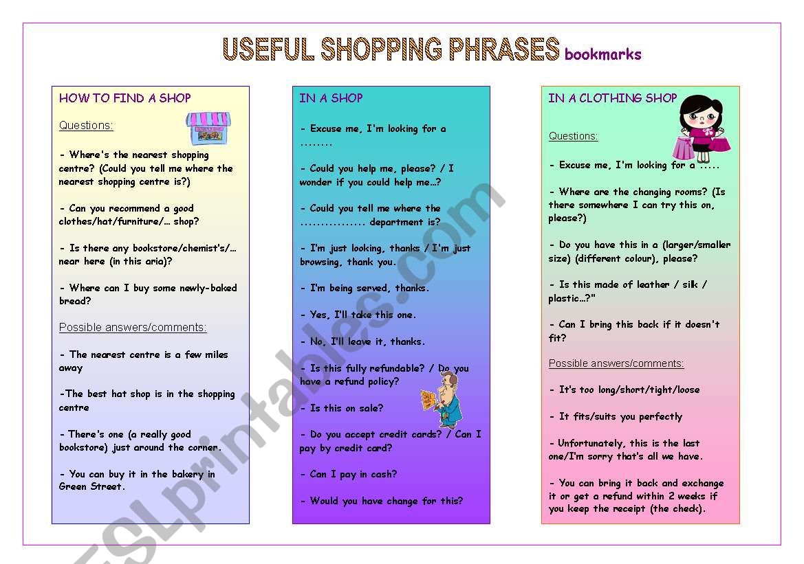 USEFUL SHOPPING PHRASES bookmarks