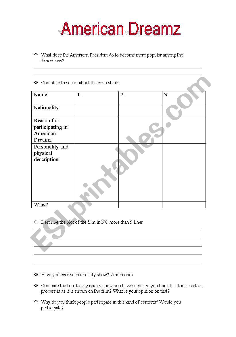 American Dreamz - Movie worksheet