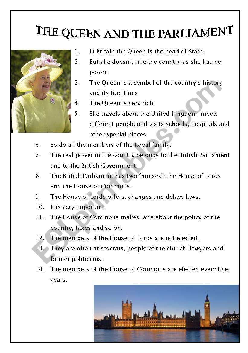 The Queen and the Parliament worksheet
