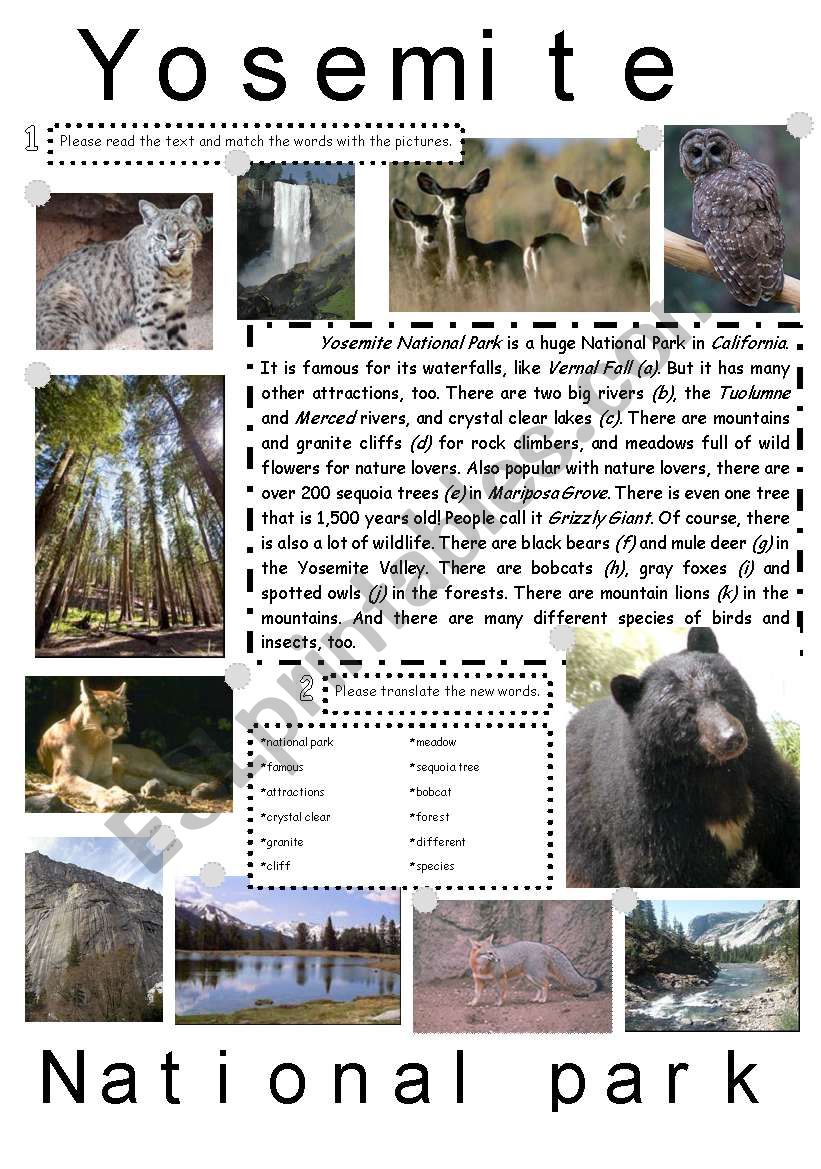 Reading Comprehension about 2 National Parks with focus on There is..., There are... Part 1/3.