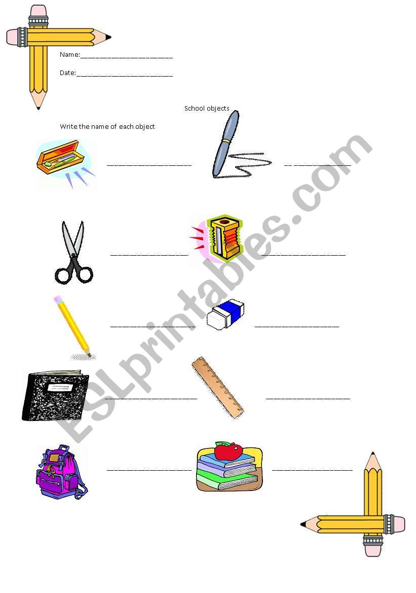 school objects worksheet