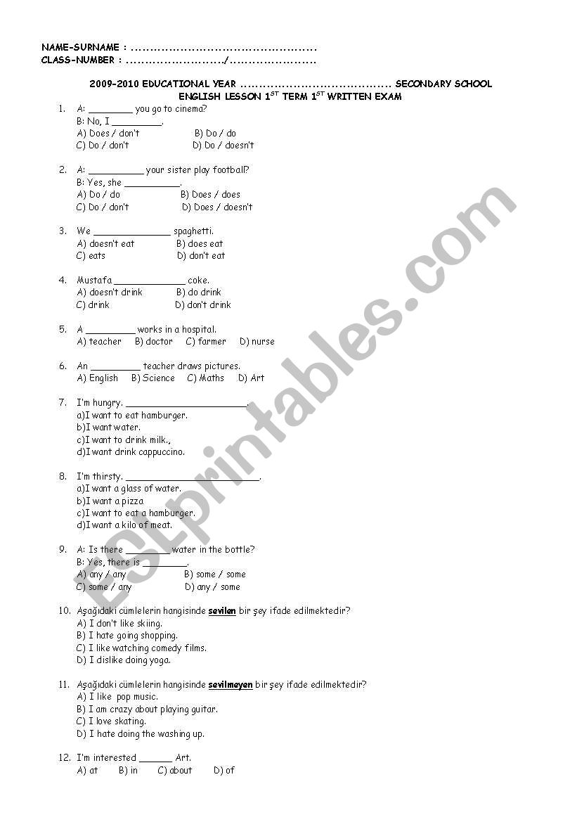 1st exam for 6th grades worksheet