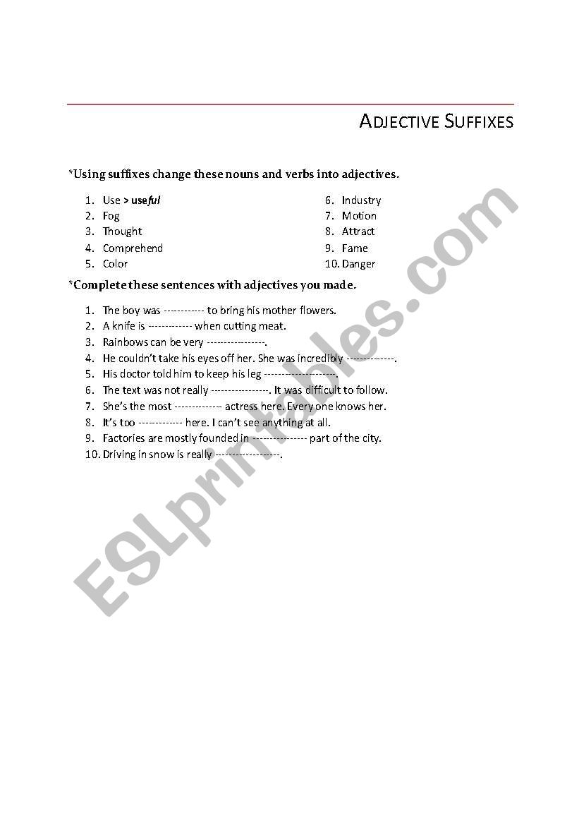 Adjective Suffixes worksheet