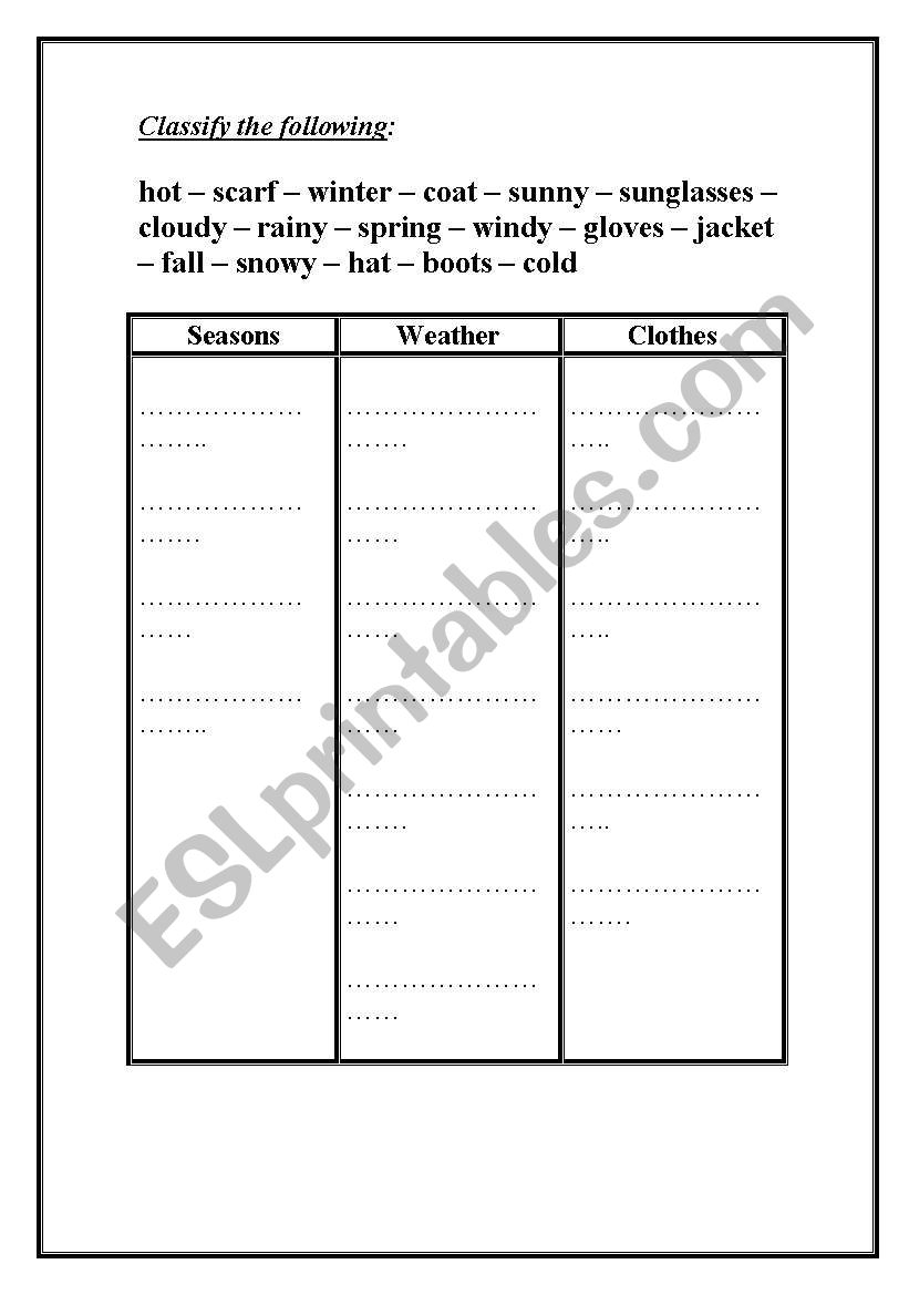 classify worksheet worksheet