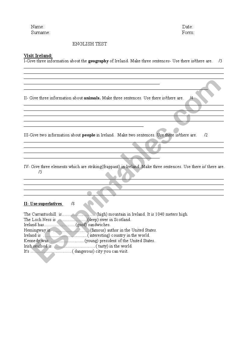 test Ireland/superlatives worksheet