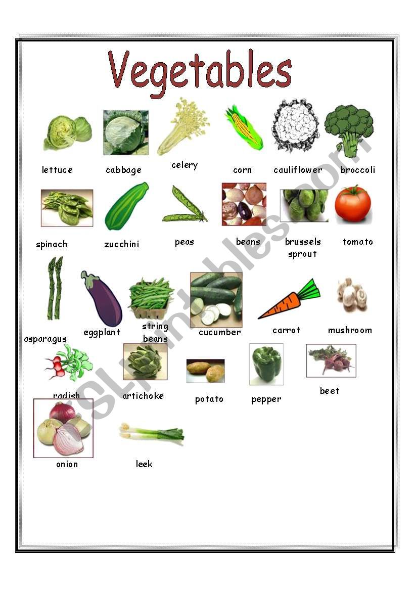 Vegetables pictionary worksheet