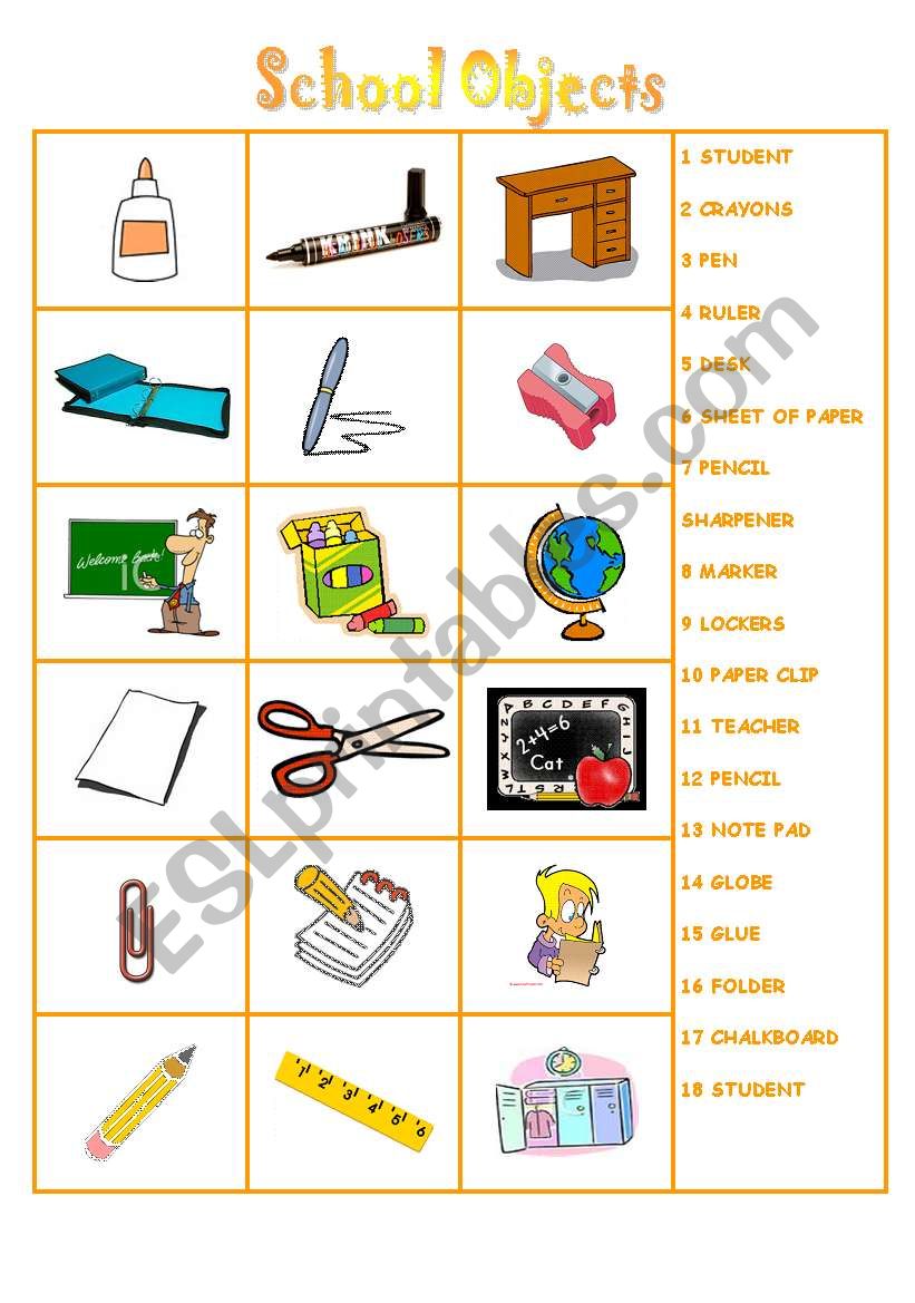 School Objects - Matching Exercise