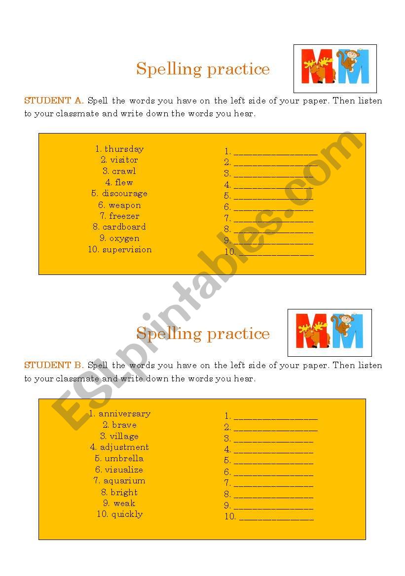Spelling practice worksheet