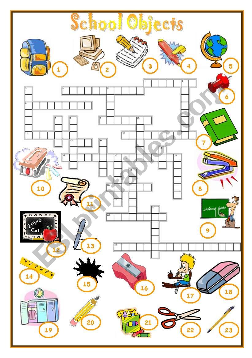 School Objects - crossword worksheet