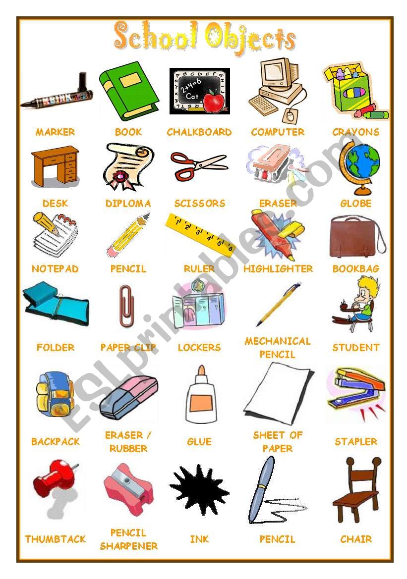 School Objects Pictionary worksheet