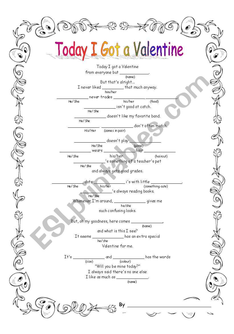 Today I Got a Valentine worksheet
