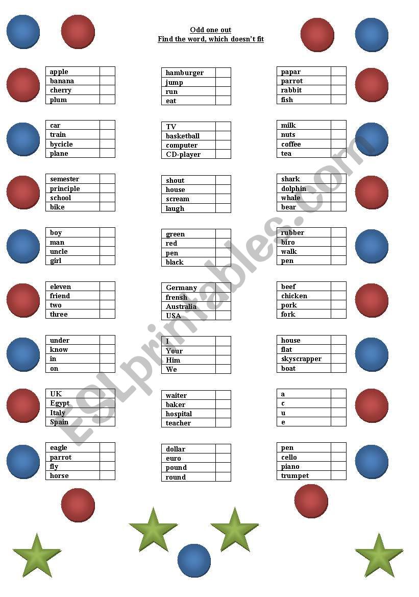 Odd one out worksheet