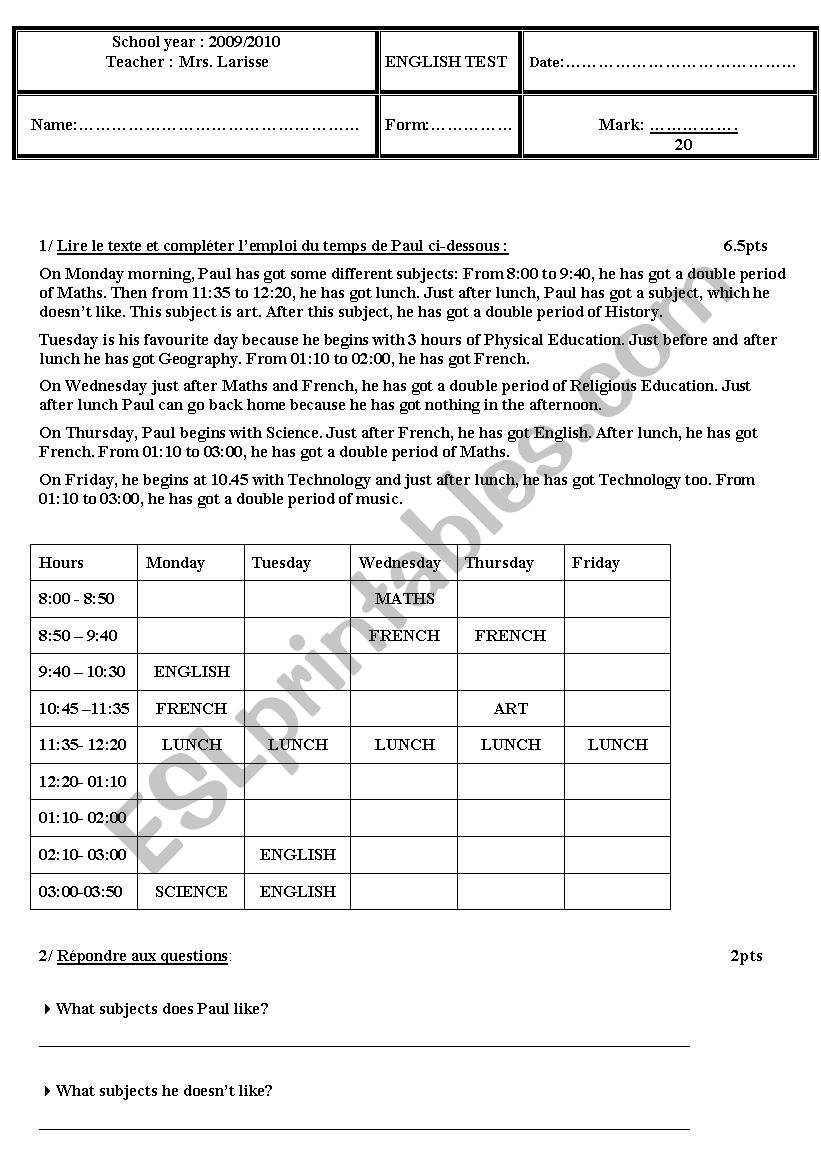 Reading Comprehension Test worksheet