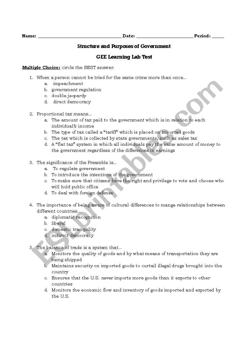 Structures of Gov worksheet