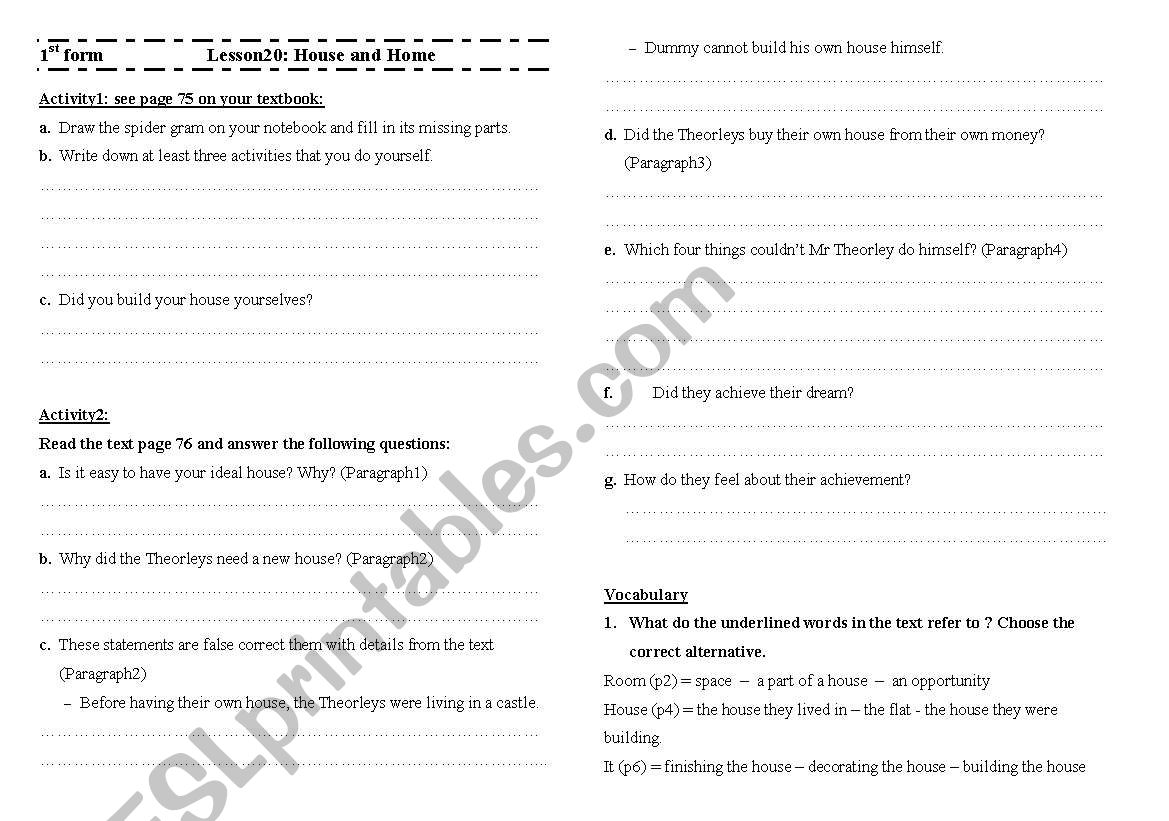 house and home worksheet