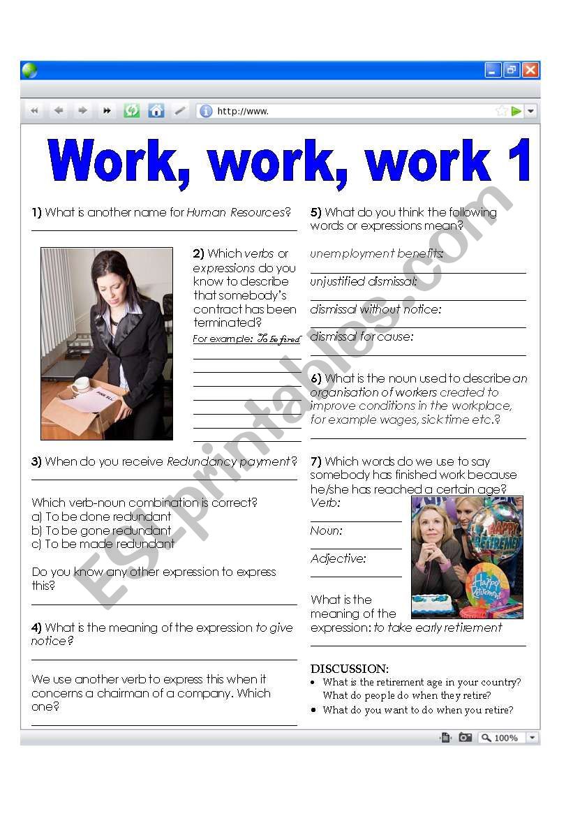 Work related vocabulary - losing a job and leaving voluntarily(+ key)
