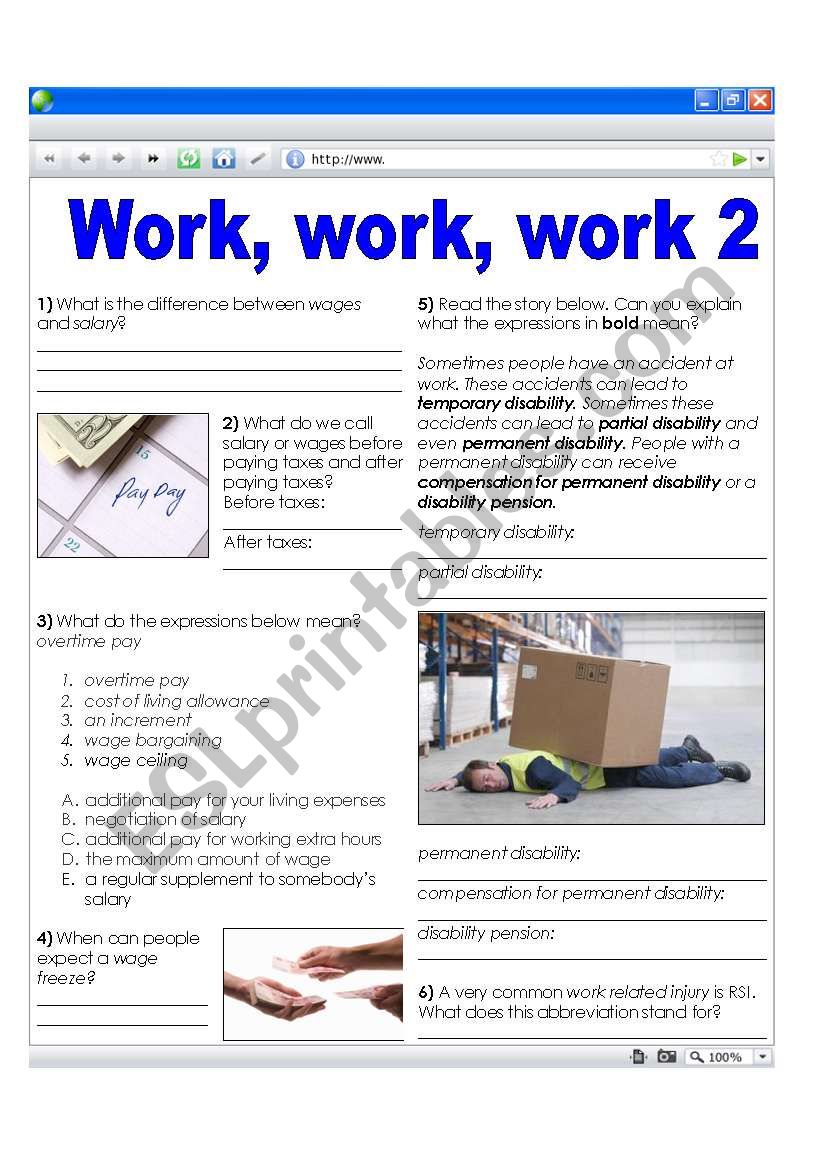 Work related vocabulary - money and accidents (+ key)