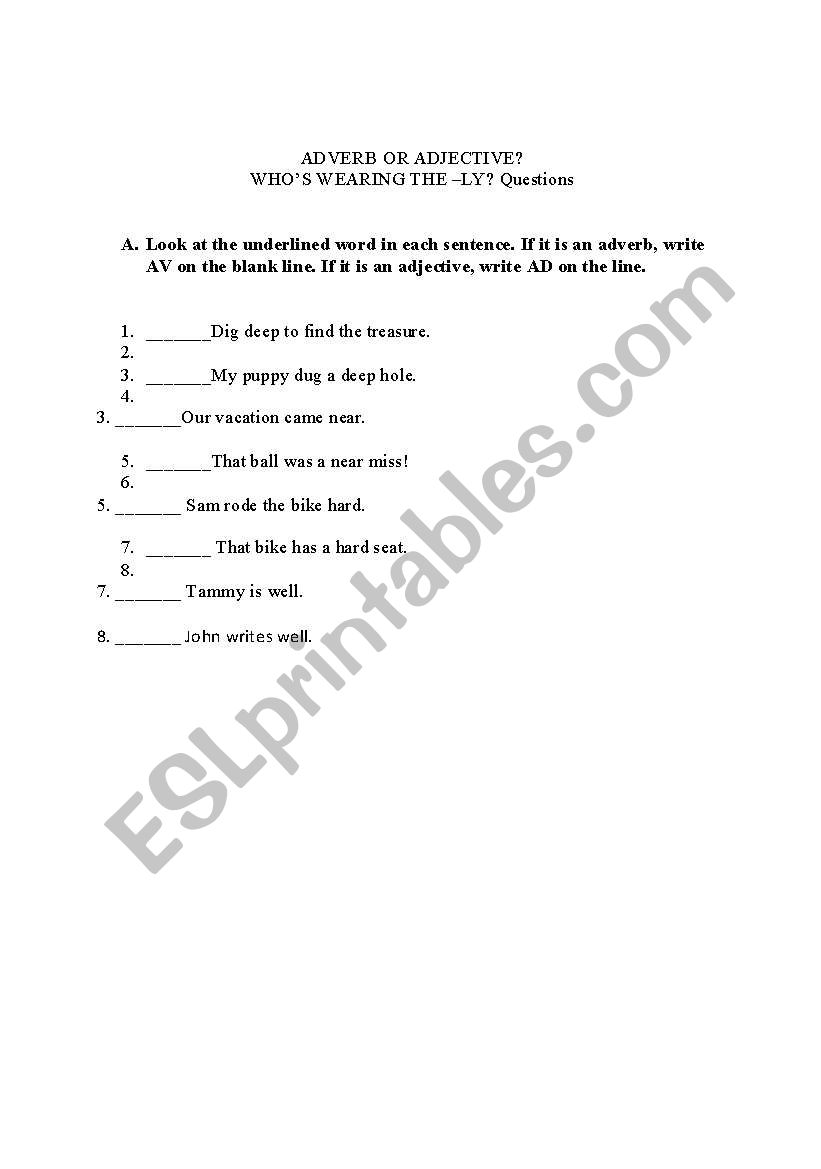 Adverb or Adjective worksheet