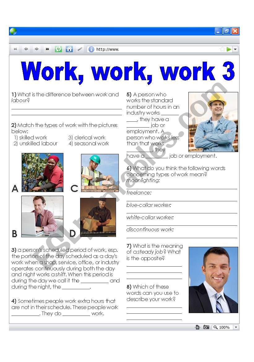 Work related vocabulary - different types of work (+ key)