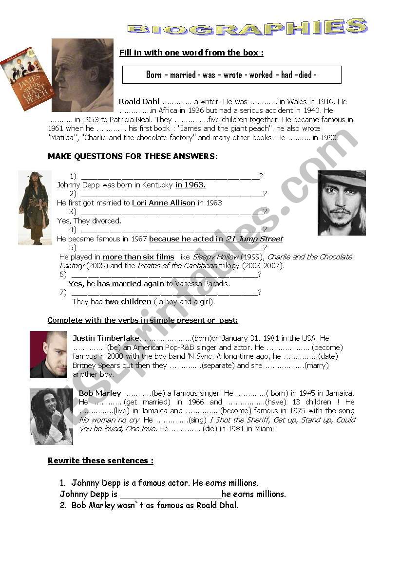 biographies worksheet