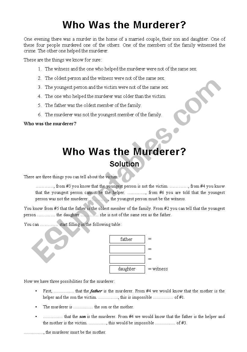 Who Was the Murderer? worksheet