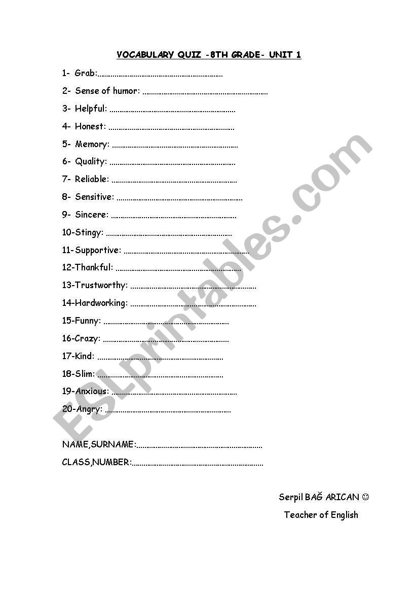 vocabulary quiz worksheet